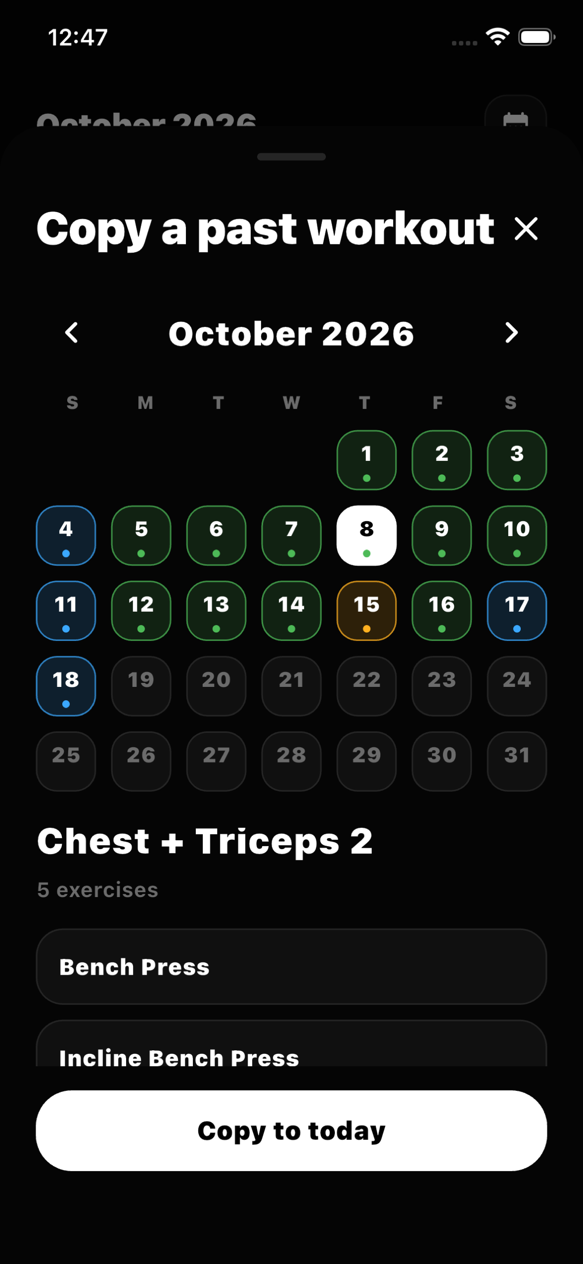 Failure Log copy-workout screen